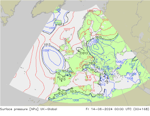 Pressione al suolo UK-Global ven 14.06.2024 00 UTC