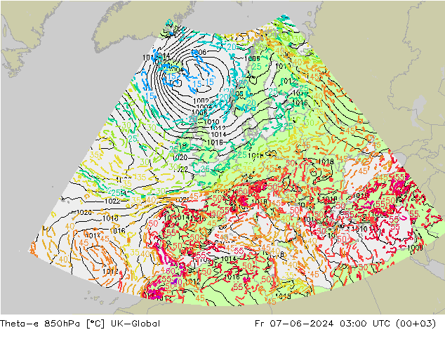 Theta-e 850hPa UK-Global Pá 07.06.2024 03 UTC