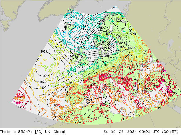 Theta-e 850hPa UK-Global dim 09.06.2024 09 UTC