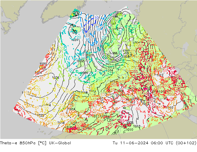 Theta-e 850hPa UK-Global  11.06.2024 06 UTC