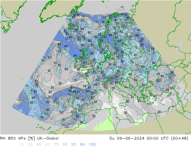 RH 850 hPa UK-Global Su 09.06.2024 00 UTC
