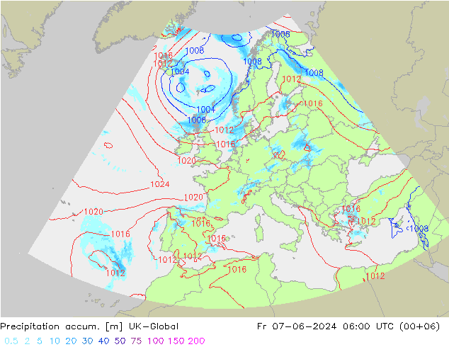 Precipitation accum. UK-Global Fr 07.06.2024 06 UTC