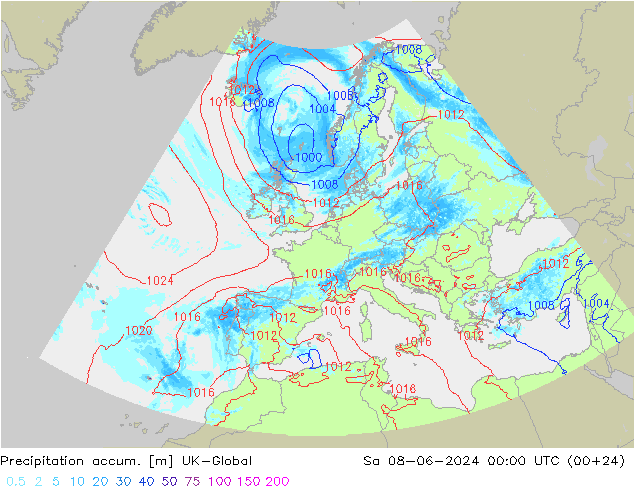 Precipitation accum. UK-Global So 08.06.2024 00 UTC