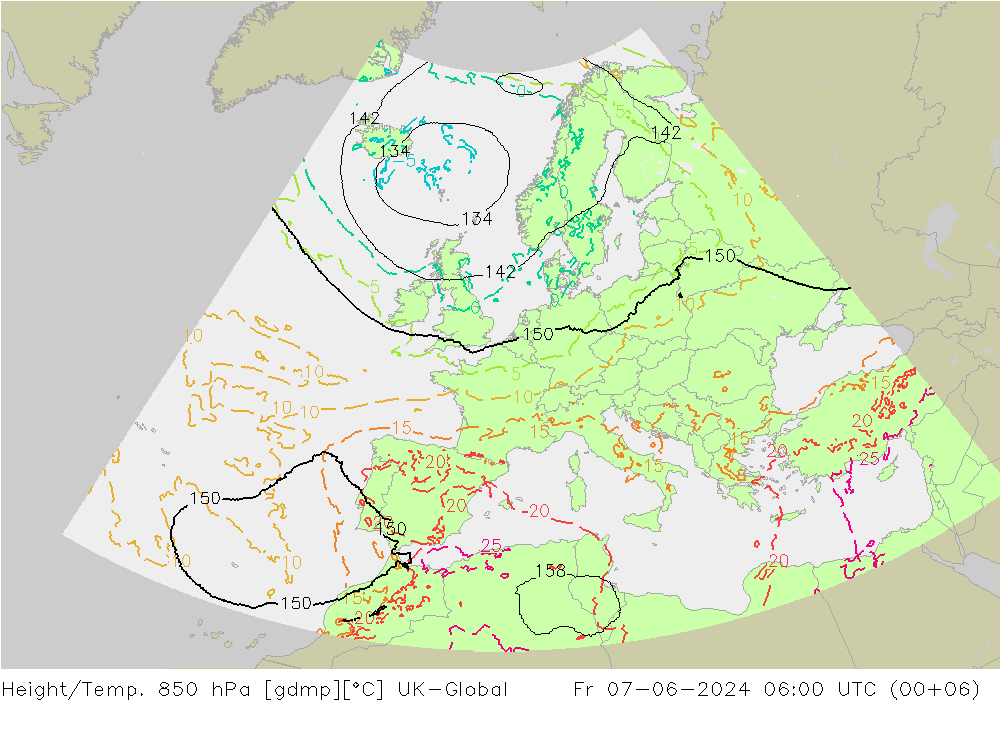 Height/Temp. 850 hPa UK-Global 星期五 07.06.2024 06 UTC