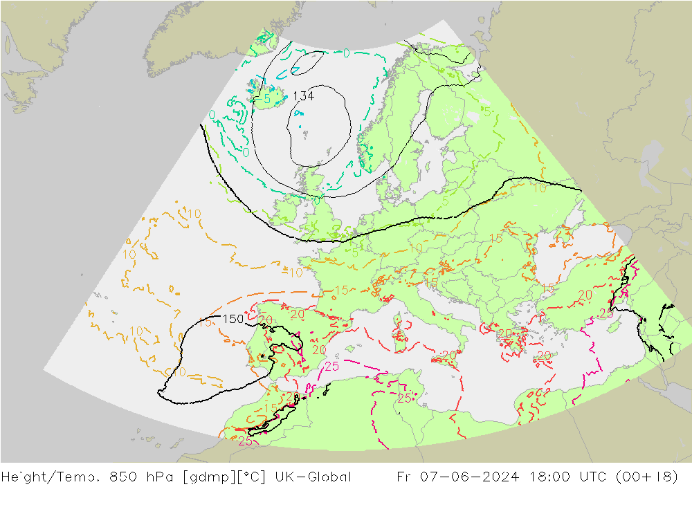 Height/Temp. 850 hPa UK-Global ven 07.06.2024 18 UTC
