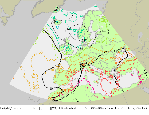 Height/Temp. 850 hPa UK-Global so. 08.06.2024 18 UTC