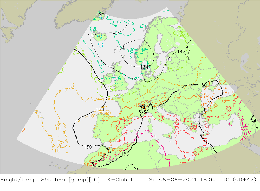 Height/Temp. 850 hPa UK-Global Sa 08.06.2024 18 UTC