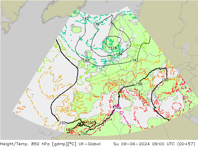 Height/Temp. 850 hPa UK-Global  09.06.2024 09 UTC