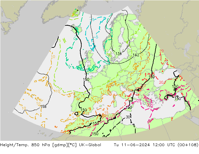 Hoogte/Temp. 850 hPa UK-Global di 11.06.2024 12 UTC