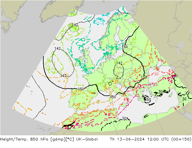 Height/Temp. 850 hPa UK-Global Th 13.06.2024 12 UTC