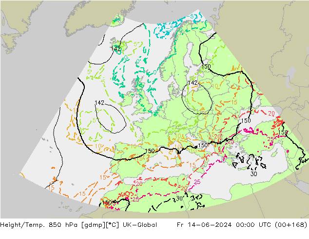 Height/Temp. 850 гПа UK-Global пт 14.06.2024 00 UTC