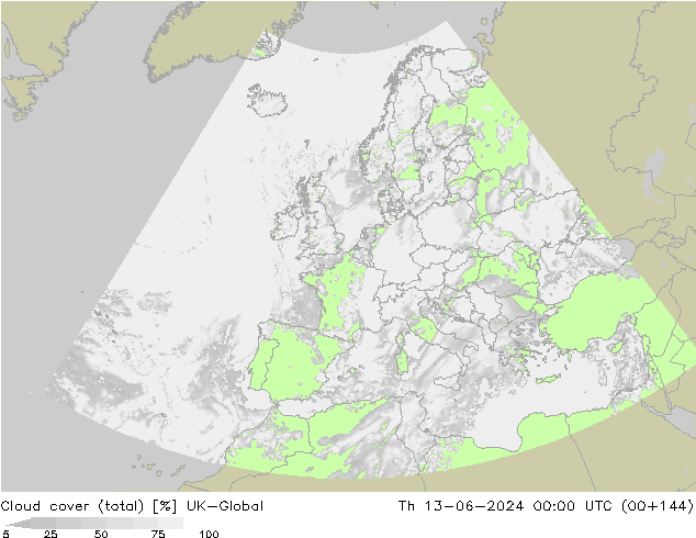 Cloud cover (total) UK-Global Th 13.06.2024 00 UTC