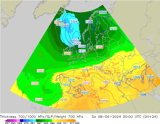 Thck 700-1000 hPa UK-Global  08.06.2024 00 UTC