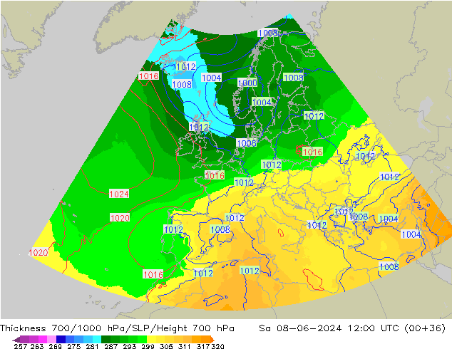 Thck 700-1000 hPa UK-Global so. 08.06.2024 12 UTC