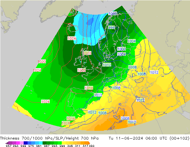 Thck 700-1000 hPa UK-Global Tu 11.06.2024 06 UTC