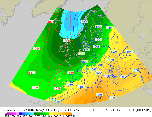 Thck 700-1000 hPa UK-Global Út 11.06.2024 12 UTC
