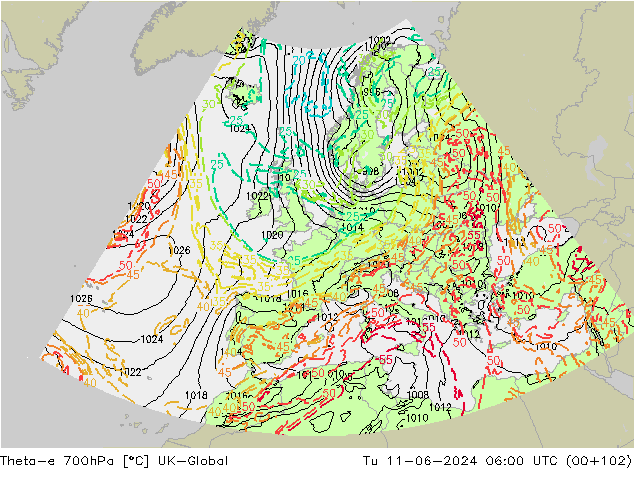 Theta-e 700hPa UK-Global  11.06.2024 06 UTC