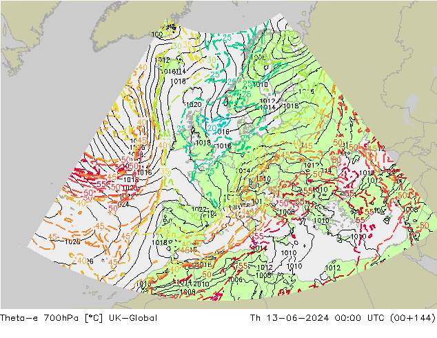 Theta-e 700hPa UK-Global czw. 13.06.2024 00 UTC