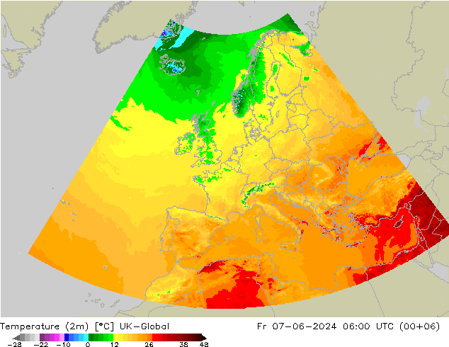 Temperatuurkaart (2m) UK-Global vr 07.06.2024 06 UTC