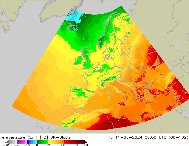 Temperatura (2m) UK-Global mar 11.06.2024 06 UTC