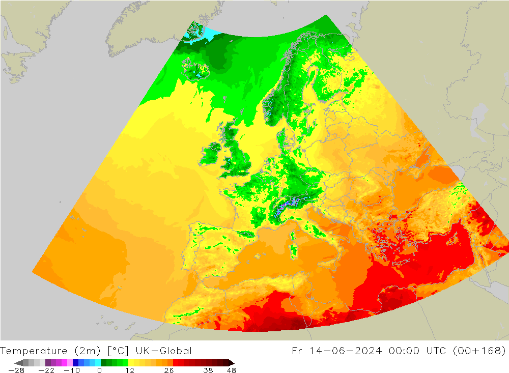 Temperaturkarte (2m) UK-Global Fr 14.06.2024 00 UTC