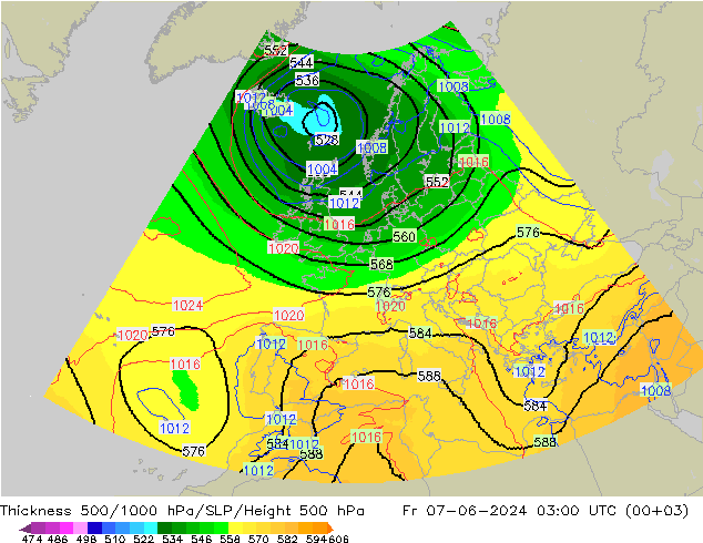 Thck 500-1000гПа UK-Global пт 07.06.2024 03 UTC