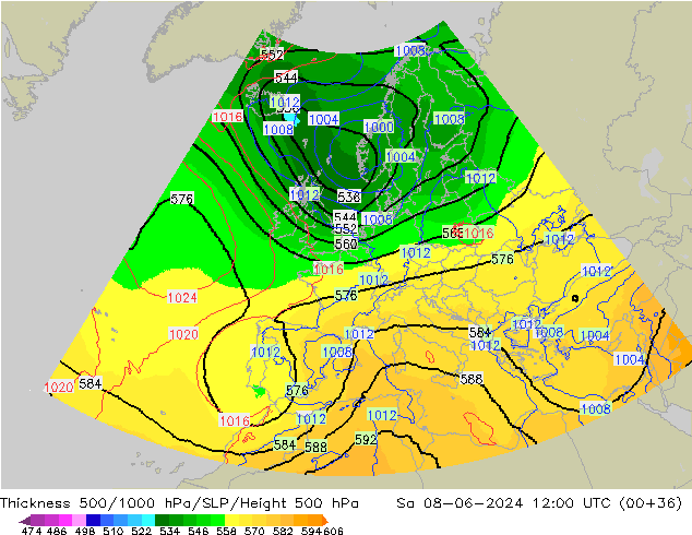 Schichtdicke 500-1000 hPa UK-Global Sa 08.06.2024 12 UTC