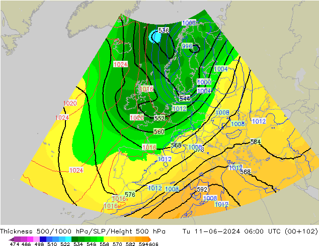 Thck 500-1000hPa UK-Global Tu 11.06.2024 06 UTC