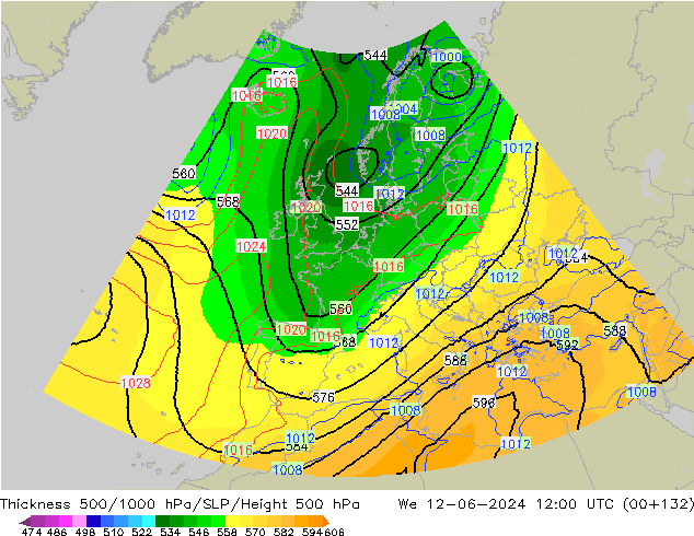 Thck 500-1000гПа UK-Global ср 12.06.2024 12 UTC