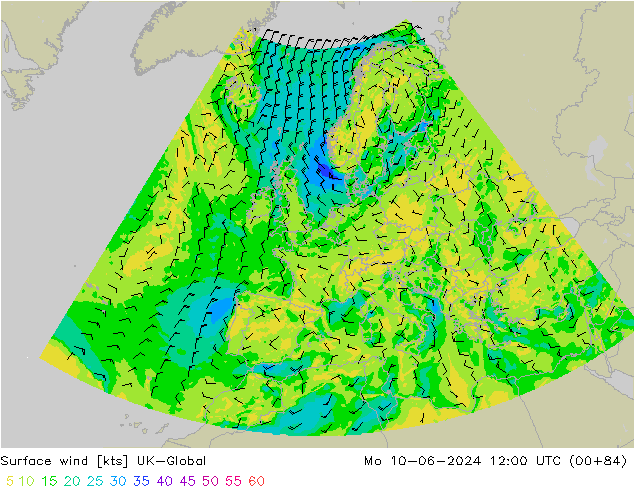 Surface wind UK-Global Po 10.06.2024 12 UTC