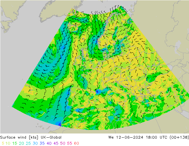 Surface wind UK-Global We 12.06.2024 18 UTC