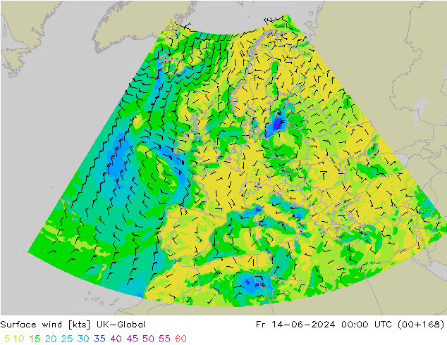 Surface wind UK-Global Fr 14.06.2024 00 UTC