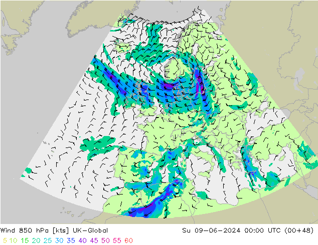 Wind 850 hPa UK-Global So 09.06.2024 00 UTC