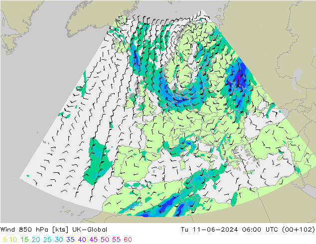 Wind 850 hPa UK-Global Tu 11.06.2024 06 UTC