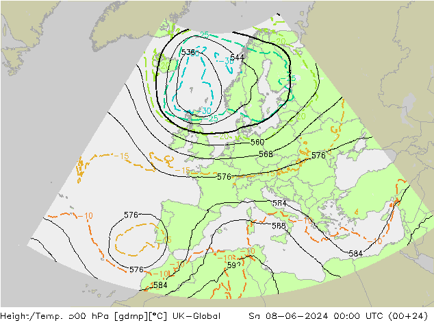 Yükseklik/Sıc. 500 hPa UK-Global Cts 08.06.2024 00 UTC