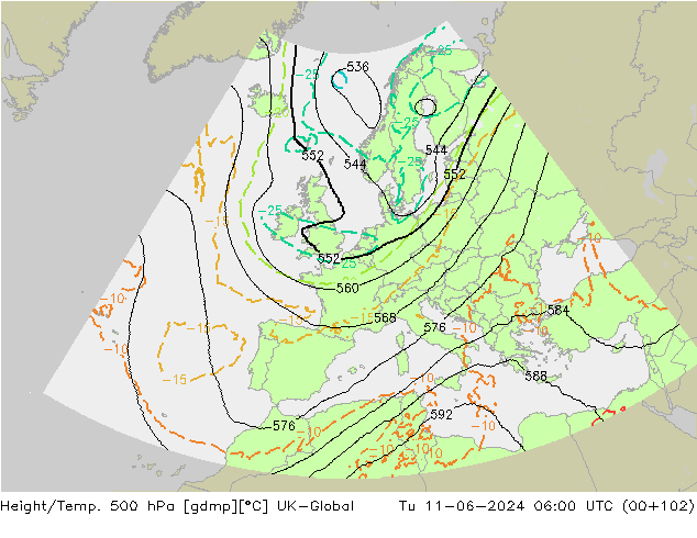 Height/Temp. 500 hPa UK-Global Tu 11.06.2024 06 UTC