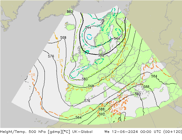 Height/Temp. 500 hPa UK-Global mer 12.06.2024 00 UTC