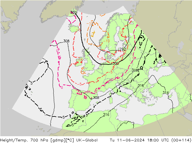 Hoogte/Temp. 700 hPa UK-Global di 11.06.2024 18 UTC