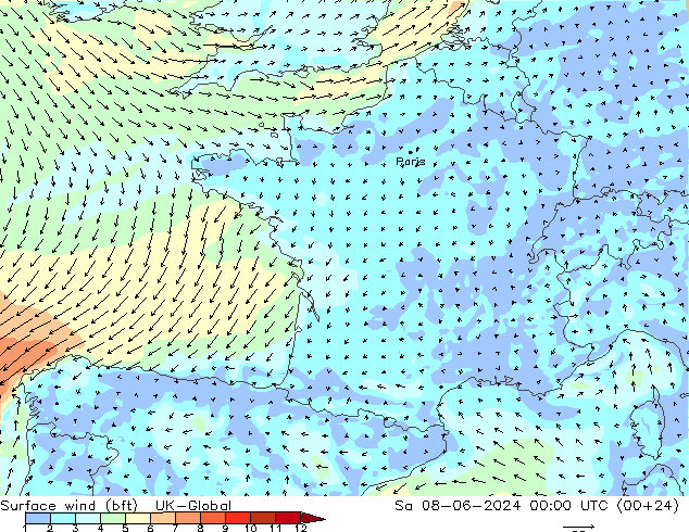 Vento 10 m (bft) UK-Global sab 08.06.2024 00 UTC