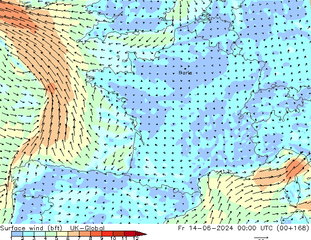 Vent 10 m (bft) UK-Global ven 14.06.2024 00 UTC