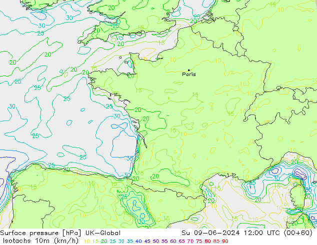 Isotachs (kph) UK-Global Dom 09.06.2024 12 UTC