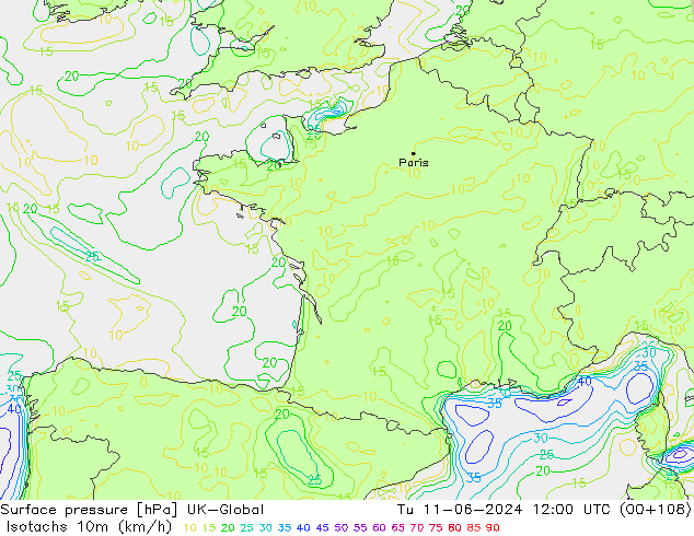 Isotachen (km/h) UK-Global di 11.06.2024 12 UTC