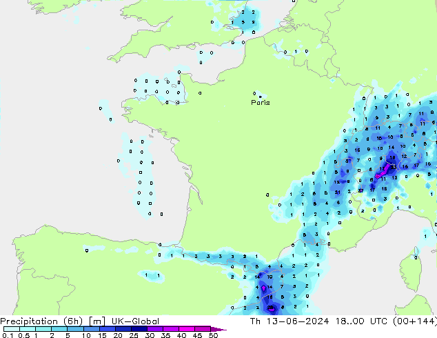 Yağış (6h) UK-Global Per 13.06.2024 00 UTC