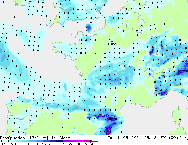 осадки (12h) UK-Global вт 11.06.2024 18 UTC