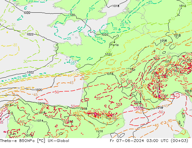 Theta-e 850hPa UK-Global ven 07.06.2024 03 UTC