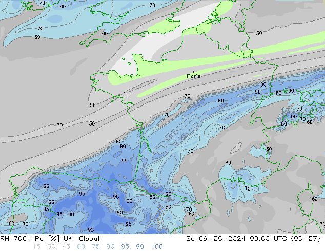 Humidité rel. 700 hPa UK-Global dim 09.06.2024 09 UTC