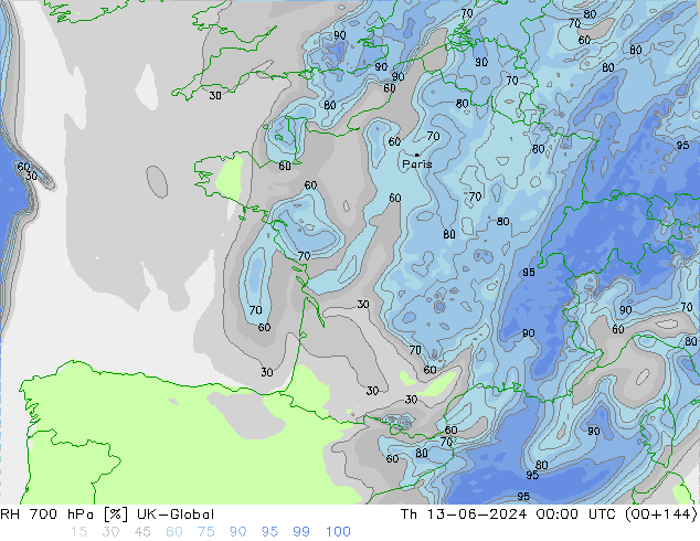 RH 700 hPa UK-Global Th 13.06.2024 00 UTC