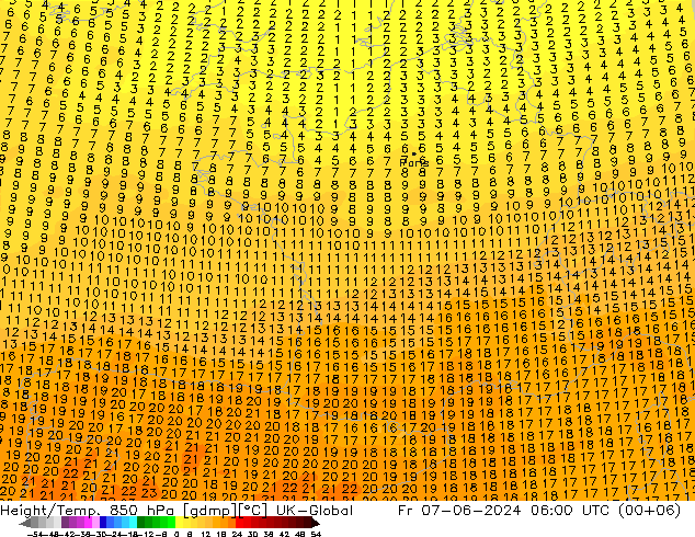 Geop./Temp. 850 hPa UK-Global vie 07.06.2024 06 UTC