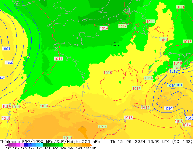 Dikte 850-1000 hPa UK-Global do 13.06.2024 18 UTC