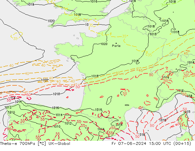 Theta-e 700hPa UK-Global Pá 07.06.2024 15 UTC